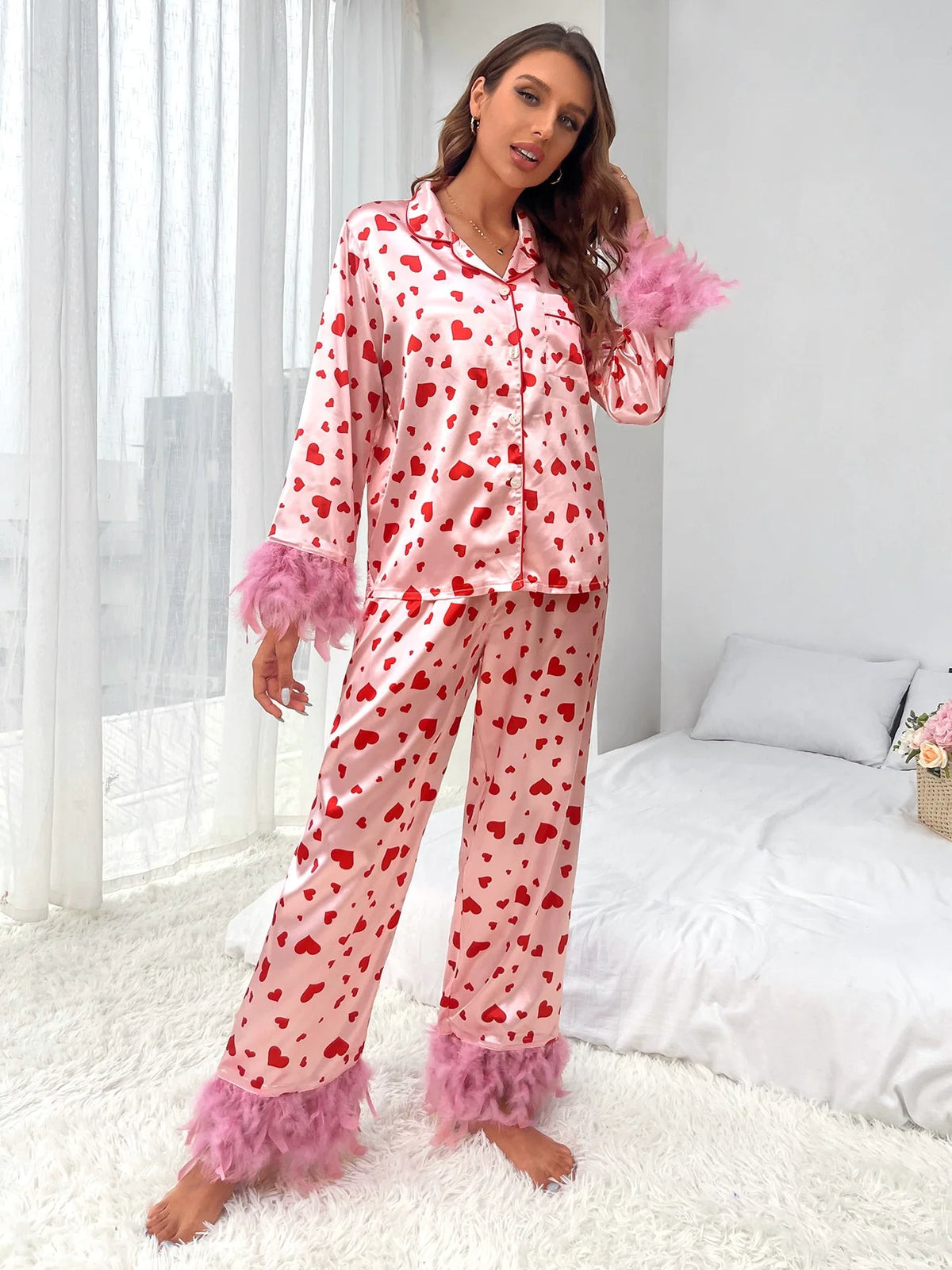 Women Loving Heart Printed Casual Suit Pajamas Rieworkes
