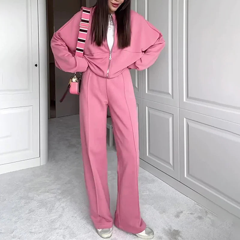 BASIC Solid Color Zip Sweater and Trousers Suit for Women Rieworkes