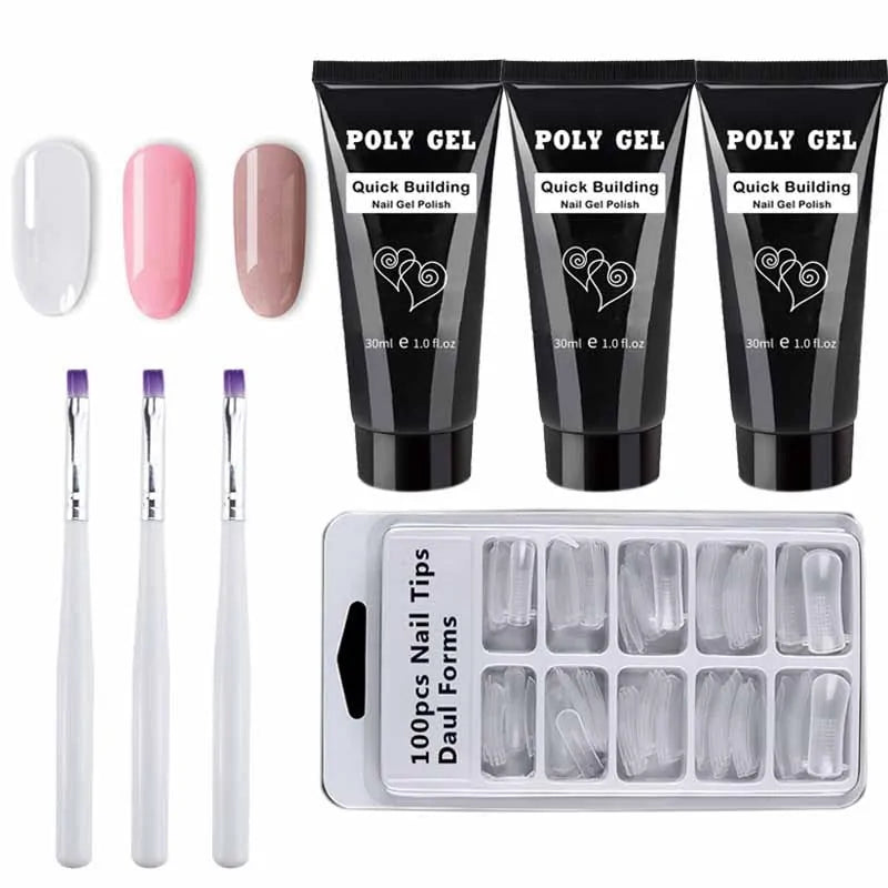 French Nail Art Poly Gel Kit with UV Brush and Nail Tips Rieworkes
