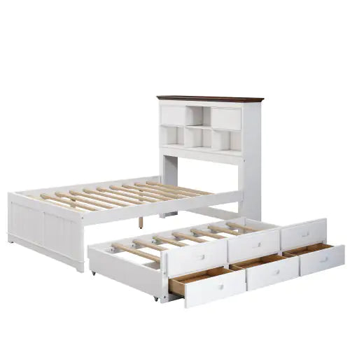 Solid Pine Captain Bookcase Bed With Trundle Bed And 3 Spacious Under Bed Drawers In Casual,Full, White Walnut Rieworkes