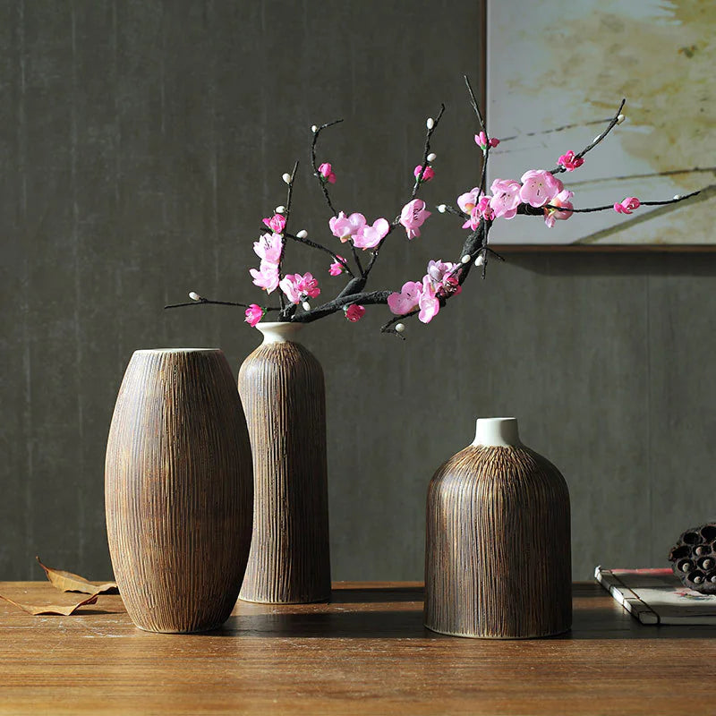 Creative Chinese Style Vase Three-piece Set Simple And Fashionable Wood Grain Rieworkes