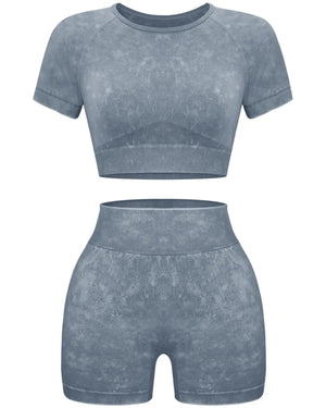 OLCHEE Womens Workout Sets 2 Piece - Seamless Acid Wash Yoga Outfits Shorts and Crop Top Matching Gym Athletic Clothing Set Short-sleeve + Shorts: Coffee Small Rieworkes