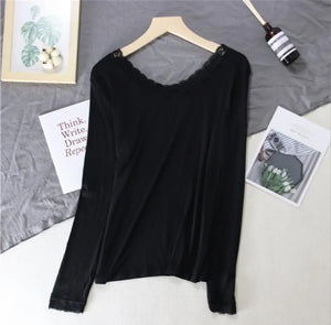 Women Lace V-neck Long-sleeved Thermal  Slim Warm Top Rieworkes