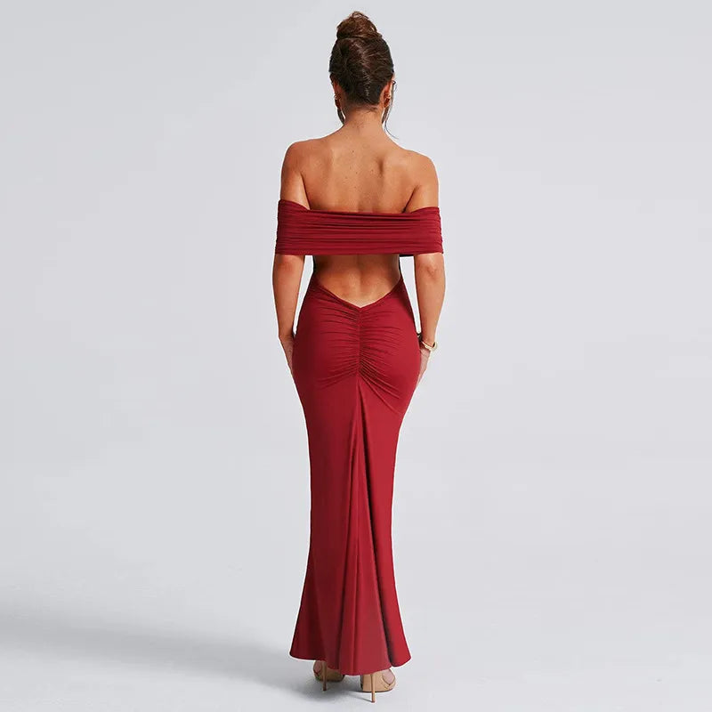 Socialite Style Elegant Sexy Backless Off-shoulder Dress Women Rieworkes