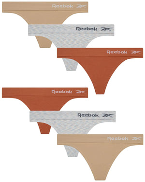 Reebok Womens Thongs - 6 Pack Performance Seamless Thongs for Women Sexy Panties - Breathable Underwear for Women (S-XL) Size Medium Tan/Light Grey Spacedye/Rust Mimarta