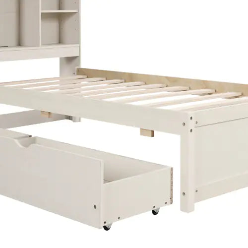 Modern Twin Size Bed Frame With Built-in USB Port On Bookcase Headboard And 2 Drawers For White Washed Color Rieworkes