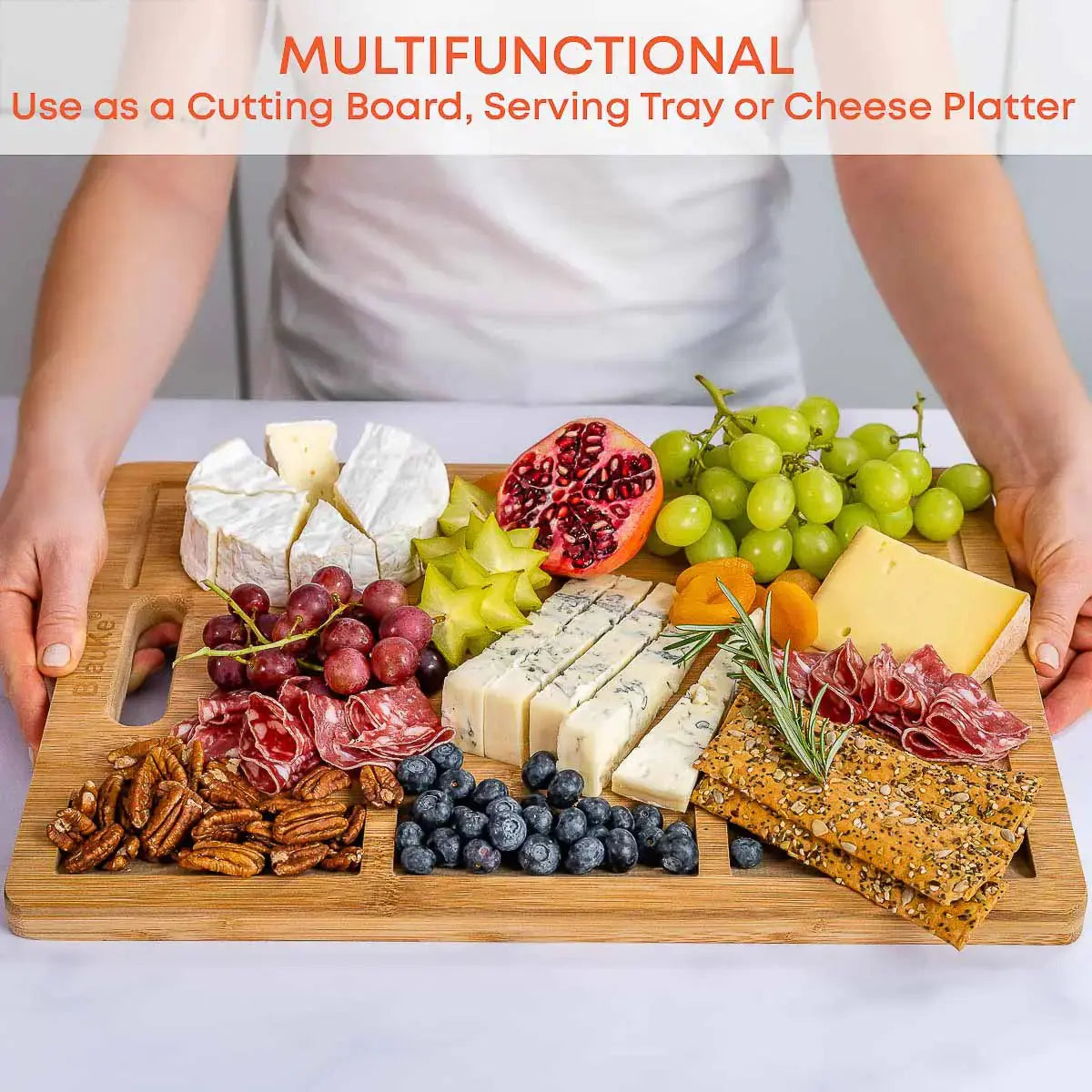 Extra Large Bamboo Cutting Board - 17x12.5 inch Wood Cutting Board for Meat, Cheese, Veggies - Wood Serving Tray with Juice Groove and 3 Compartments Rieworkes