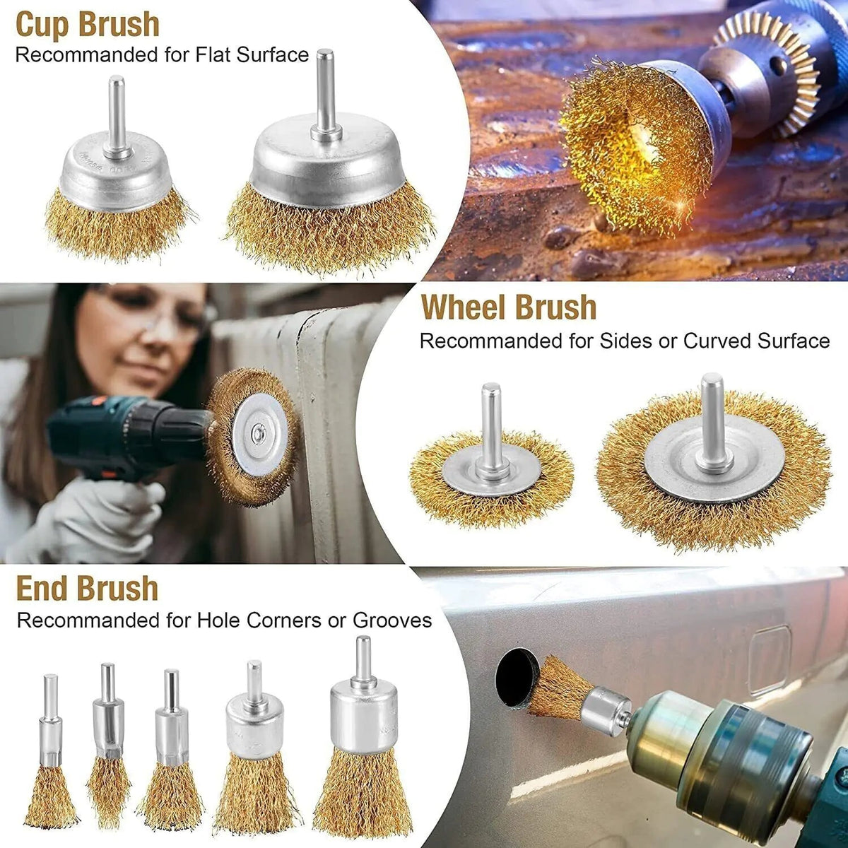 2 - Pack 3 Pcs Wire Brush Wheel Set Cup Drill Bit Rust Paint Attachment 1/4" USA - Rieworkes