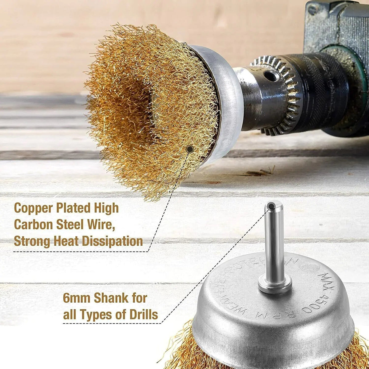 2 - Pack 3 Pcs Wire Brush Wheel Set Cup Drill Bit Rust Paint Attachment 1/4" USA - Rieworkes