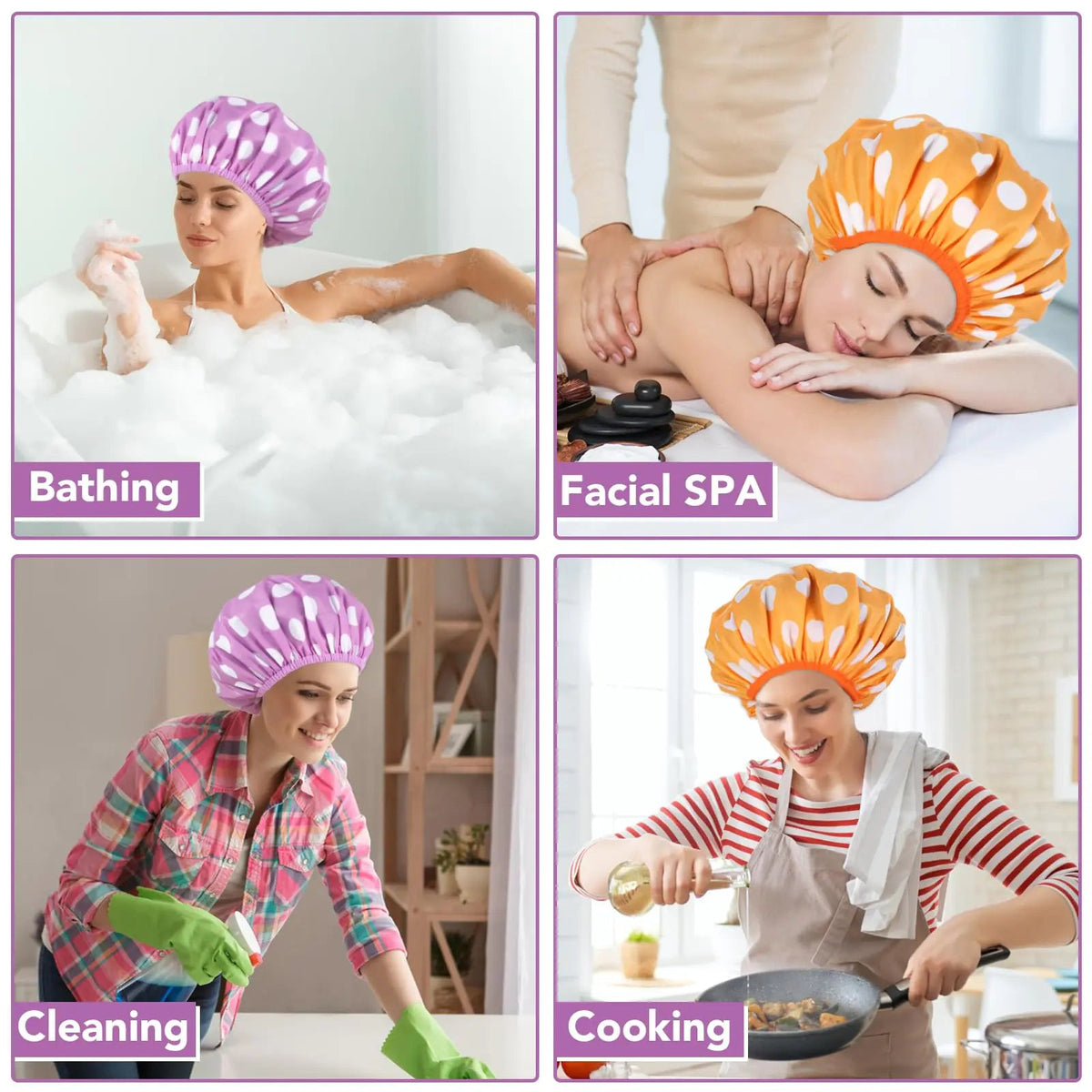 2 Packs Large Shower Caps for Women, Reusable Waterproof Shower Cap Bath Caps with Hair Scrunchies for Long Thick Hair (Purple/Orange) purple, orange - Rieworkes