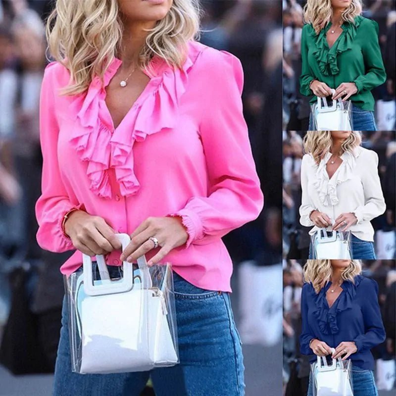 2020 Spring Chiffon Blouses - Long Sleeve V - neck Ruffle Office Casual Tops (Plus Size) - Rieworkes