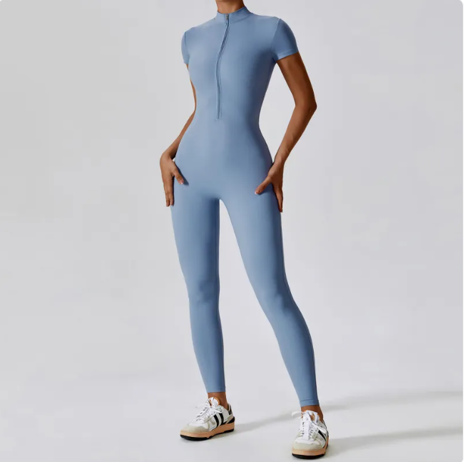 Zippered Short Sleeve Yoga Jumpsuit Mimarta