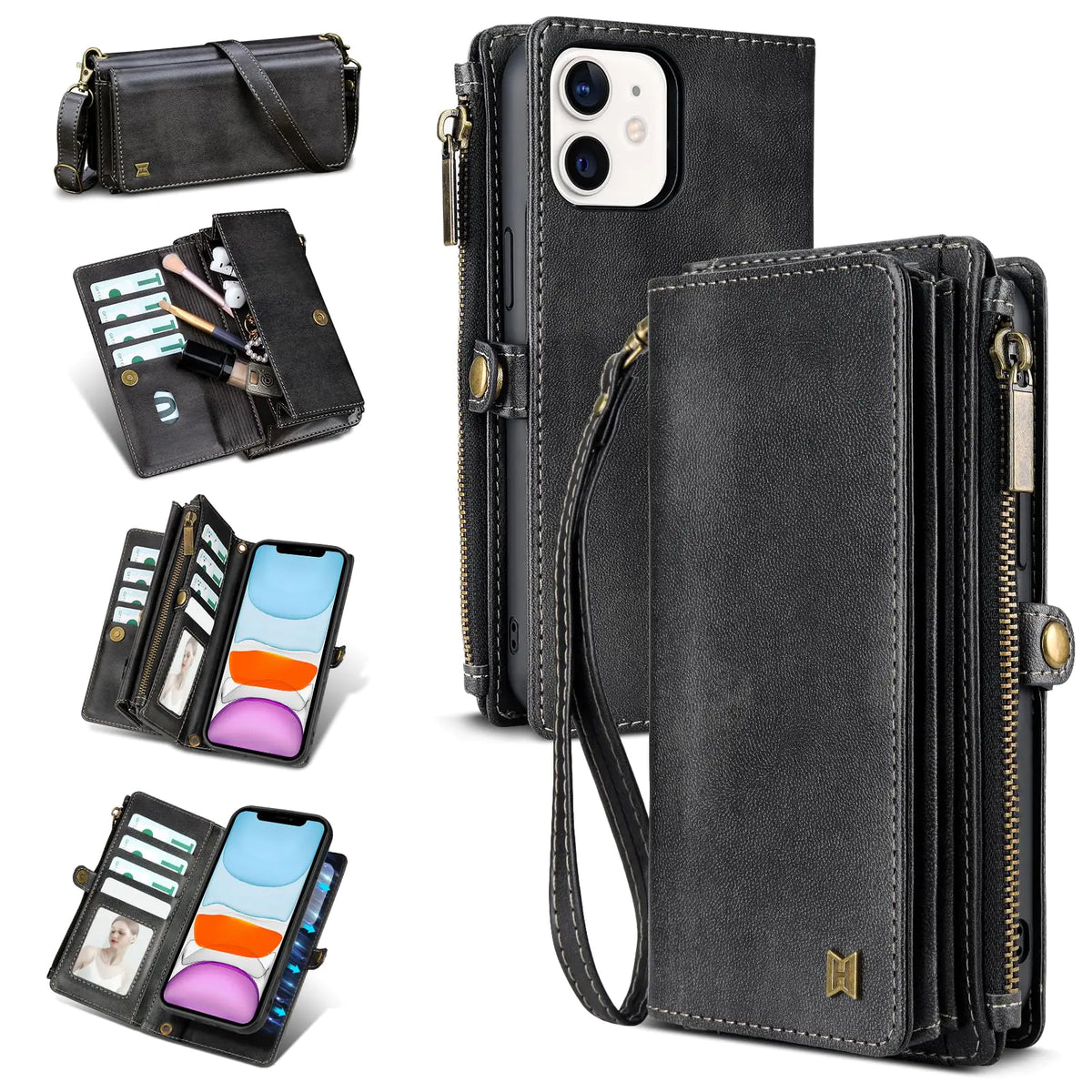 for iPhone 13 Wallet Case(Holds Lipstick, Headphones, etc.),2-in-1 Multi-Functional Portable Magnetic Faux Leather Phone Case with RFID Blocking,Shoulder Strap and Wrist Strap(Blue) Mimarta