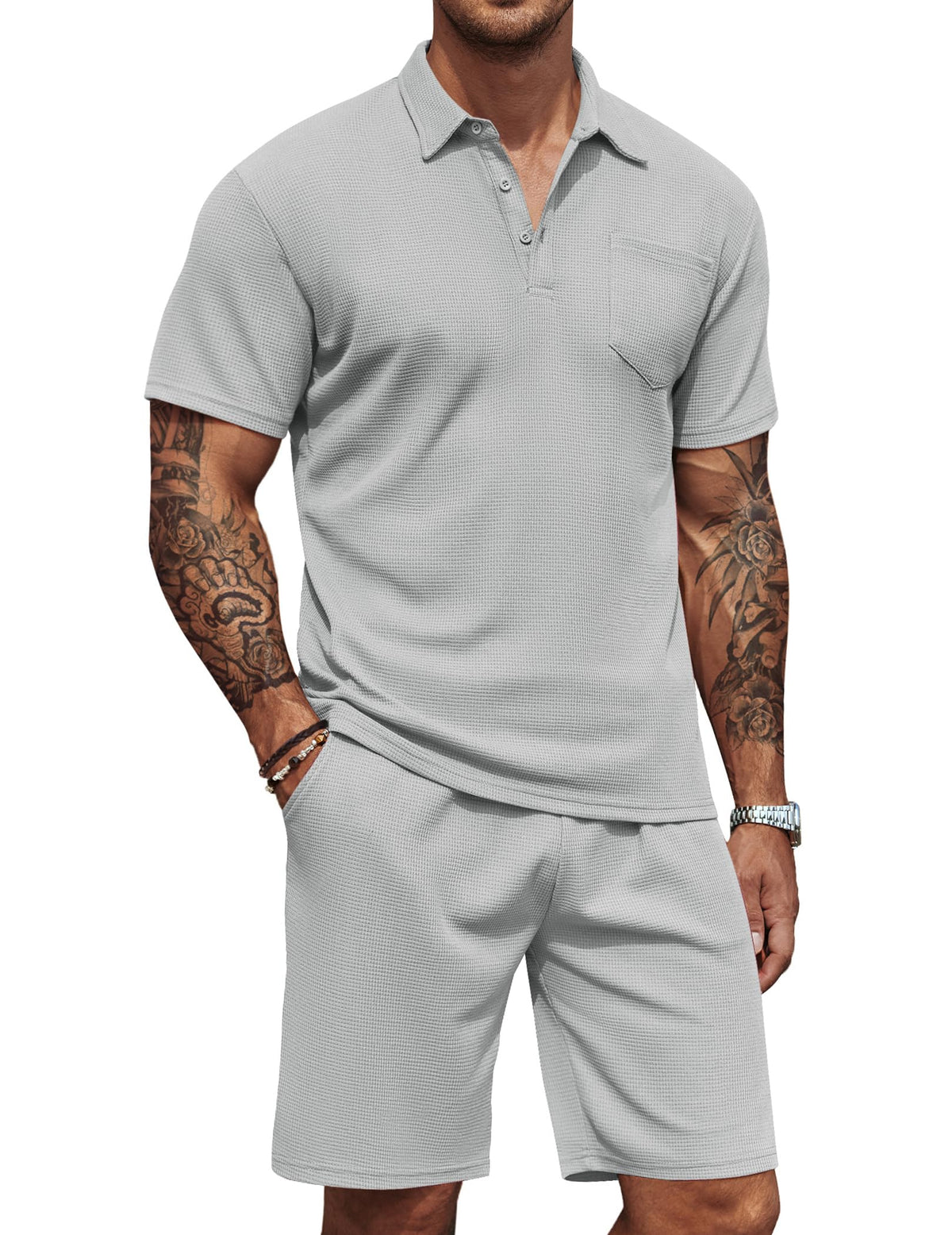 COOFANDY Mens Waffle Knit Polo Shirt and Shorts Set 2 Pieces Outfits Summer Suit Casual Tracksuit with Pockets Mimarta