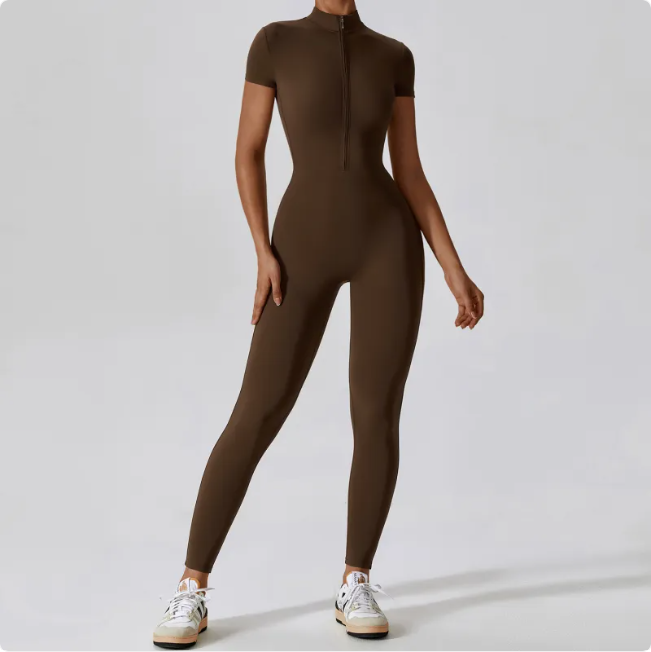 Zippered Short Sleeve Yoga Jumpsuit Mimarta