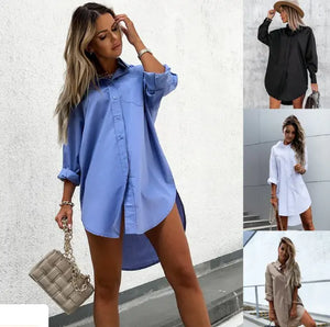 Women's Loose V-Neck Long Sleeve Shirt Dress Mimarta