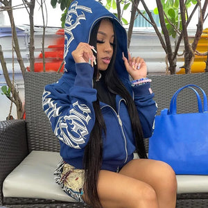 Women Winter Letter Printed Zip Up Hoodie Rieworkes