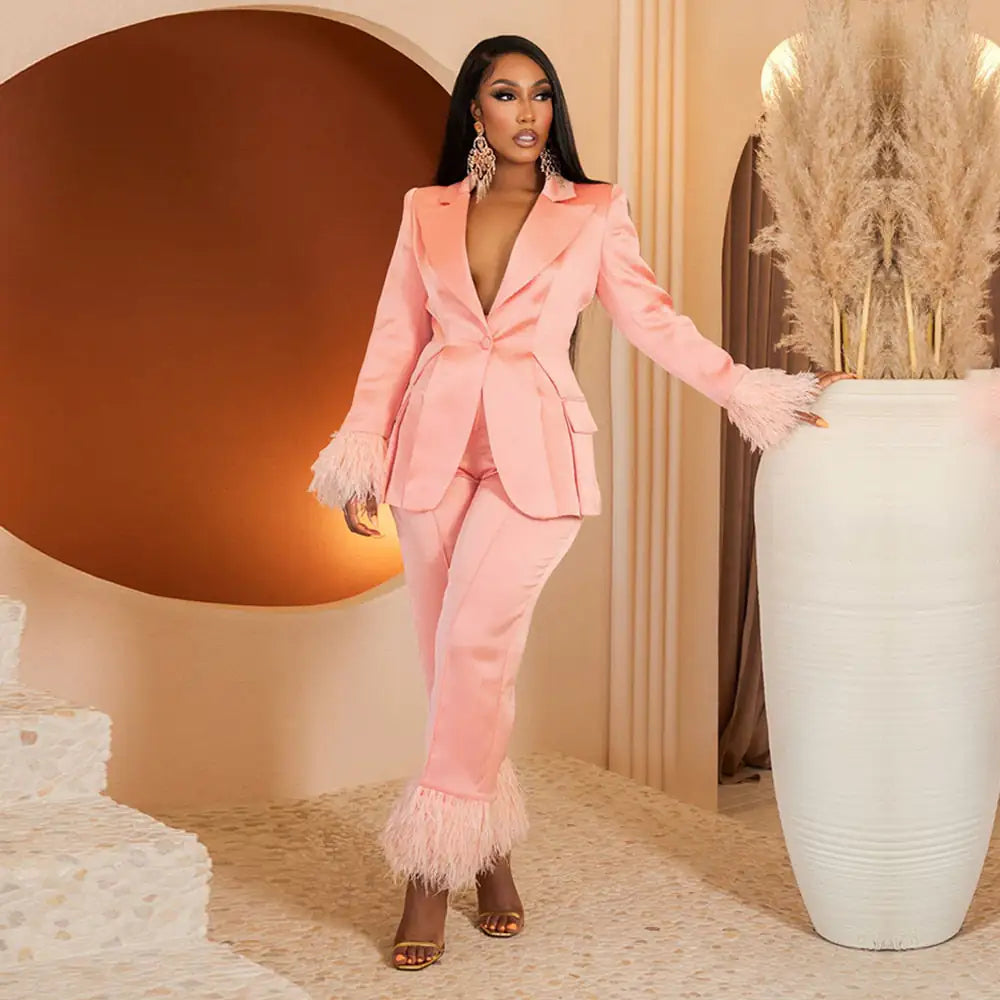 Elegant Fur Hem Blazer And Pants Set Rieworkes
