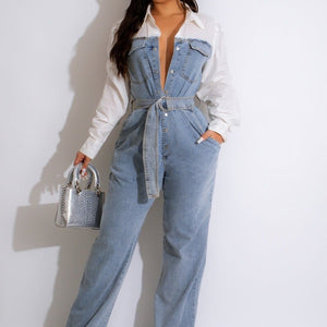 Plus Size Casual Denim Stitching Jumpsuit Mimarta