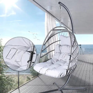 Swing Egg Chair With Stand Indoor And Outdoor Rattan Patio Basket Sling Chair With C-bracket, Patio Wicker Folding Sling Chair Rieworkes