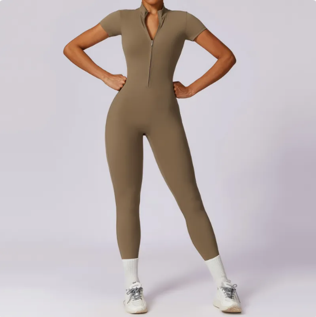 Zippered Short Sleeve Yoga Jumpsuit Mimarta