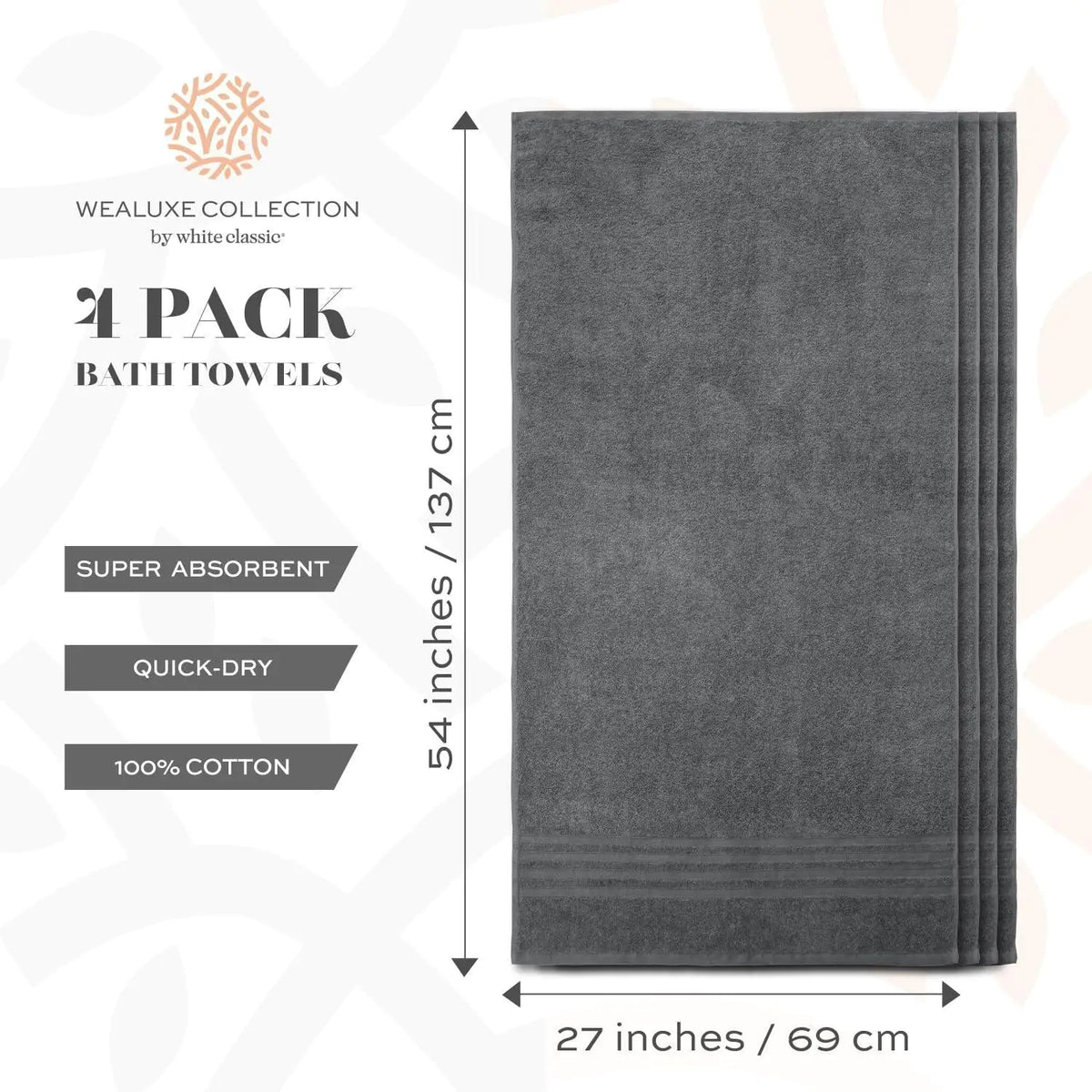 Wealuxe Grey Bath Towels Set of 4 Cotton 27x54 Inch Body Towel for Hotel Gym Rieworkes
