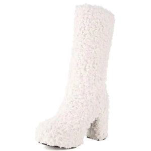KISSASA Mid Calf Fluffy Furry Boots Warm Platform Chunky High Heel Pull On Boots Fashion Winter Boots White US10 Mimarta