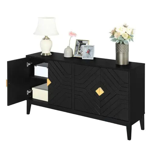 4-door Sideboard Storage Cabinet For Living And Dining Room, Two Large Cabinets With Gold Handle And Adjustable Shelves, Black Rieworkes