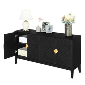 4-door Sideboard Storage Cabinet For Living And Dining Room, Two Large Cabinets With Gold Handle And Adjustable Shelves, Black Rieworkes