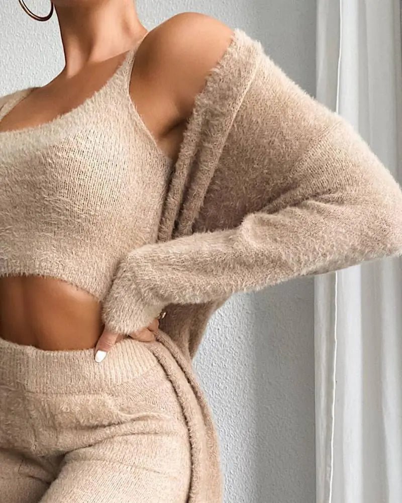 3 Pcs Womens Clothing Fashion Solid Fluffy Plain Crop Top &amp; Skinny Pants &amp; Longline Coat Set Warm Cozy Suit Sets - Rieworkes