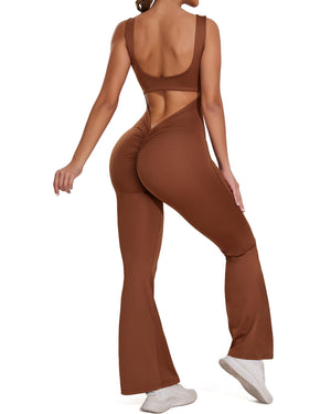 FITTOO Flare Jumpsuits for Women One Piece Backless Sleeveless V Back Scrunch Butt Yoga Workout Bodycon Romper Playsuit Khaki Mimarta