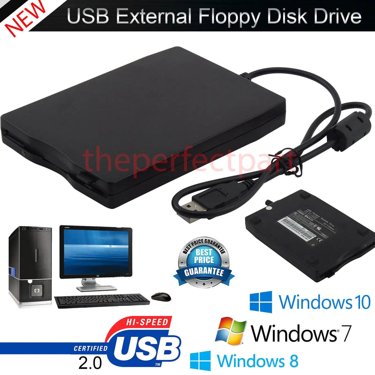 3.5” USB 2.0 Data External Floppy Disk Drive 1.44MB For Laptop PC Win 7/8/10 Mac - Rieworkes