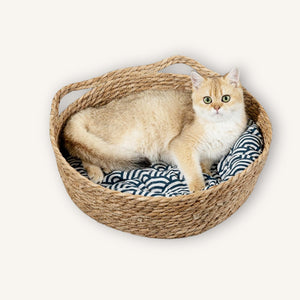BubuKuku Woven Cat Bed for Indoor CatStraw Cat Nest- Wicker Bed for Cat/Dog/Pet with Cushion Pillow and Bamboo Mat - Handmade Cat House - Large Cat Basket Bed Rattan Cat Bed Mimarta