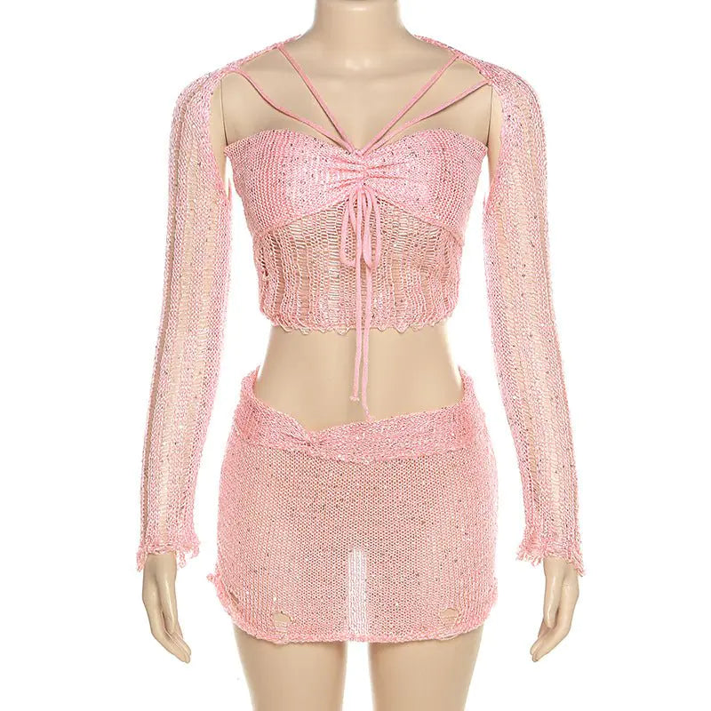Sweet Like Sugar Distressed Crochet Mini Skirt Set Rieworkes