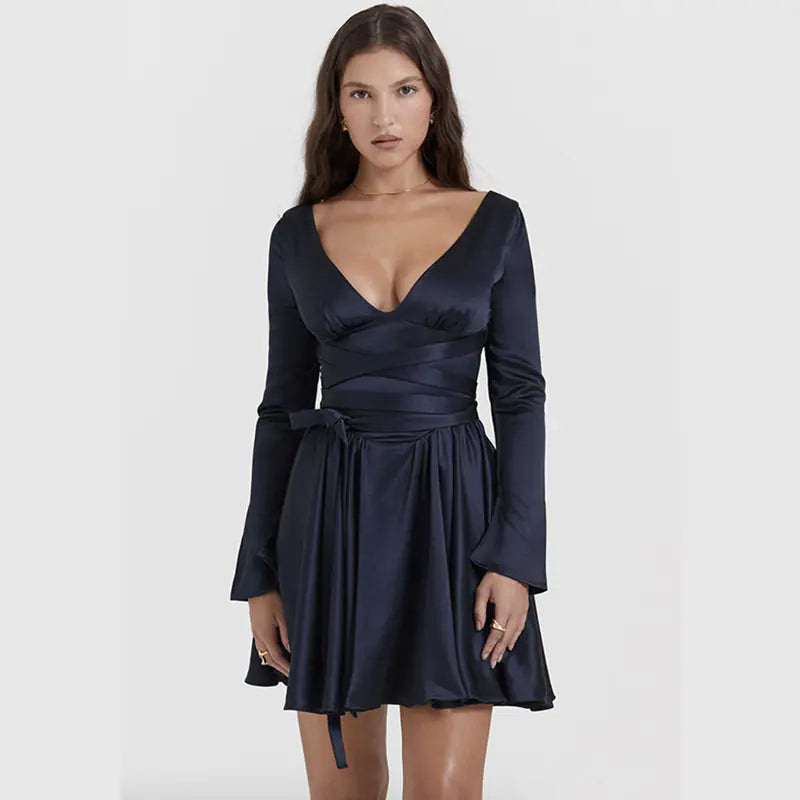 Fashionable V-Neck Backless Dress with Waist Tie Mimarta