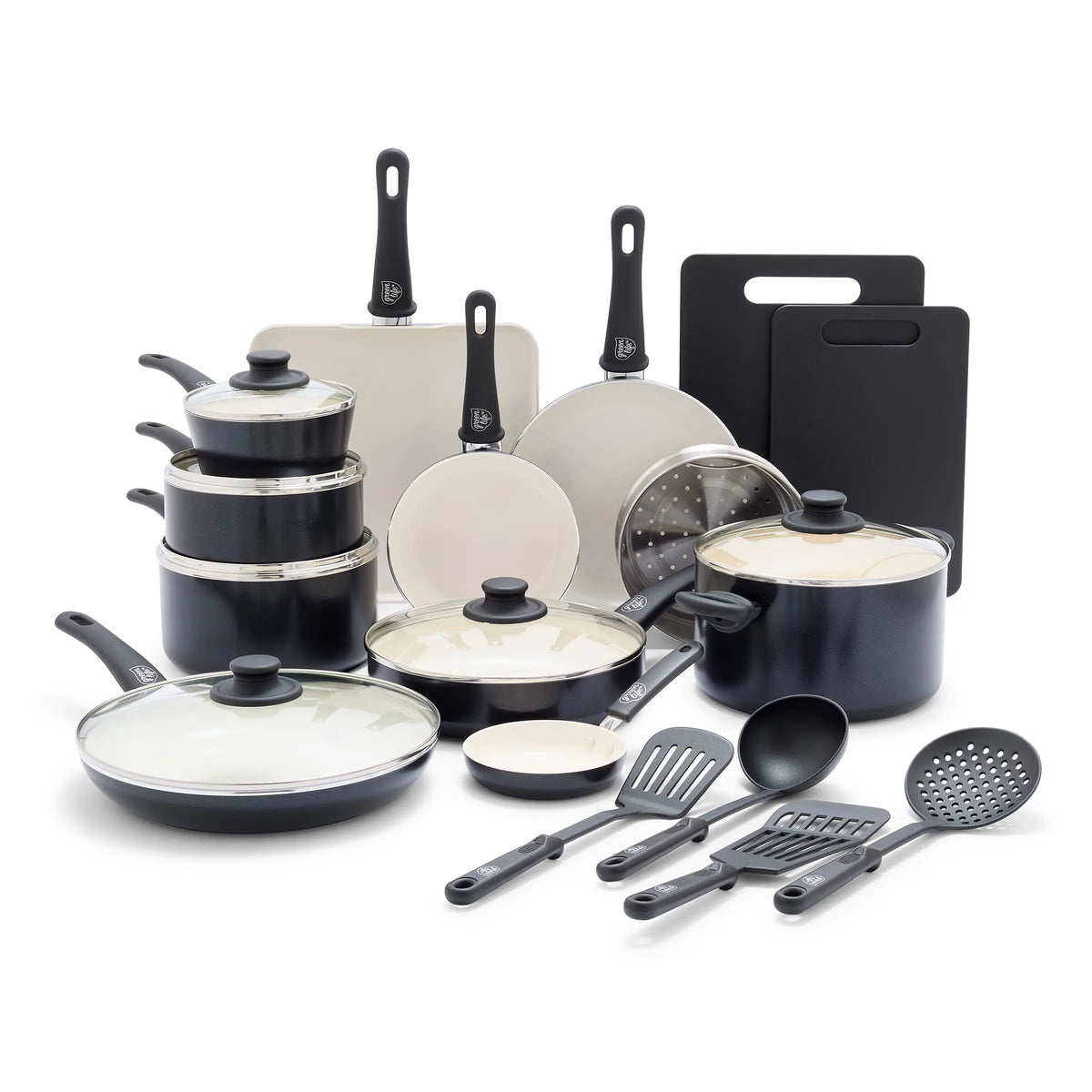 GreenLife Soft Grip Healthy Ceramic Nonstick 23 Piece Kitchen Cookware Pots and Frying Sauce Saute Pans Set with Kitchen Utensils PFAS-Free Dishwasher Safe Black Rieworkes