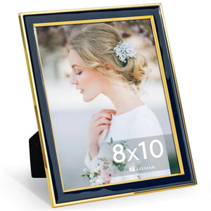 Axeman 8x10 Picture Frames Navy Blue Enamel with Gold Metal Edge and Real Glass Wall Mounted or Tabletop Display for Shelf Desk & Countertop Decor Mimarta