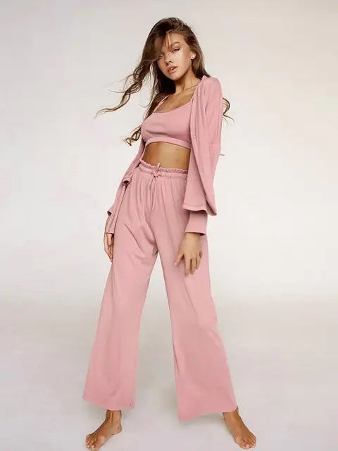 Ribbed Drop Sleeves Sleepwear Women Set Rieworkes
