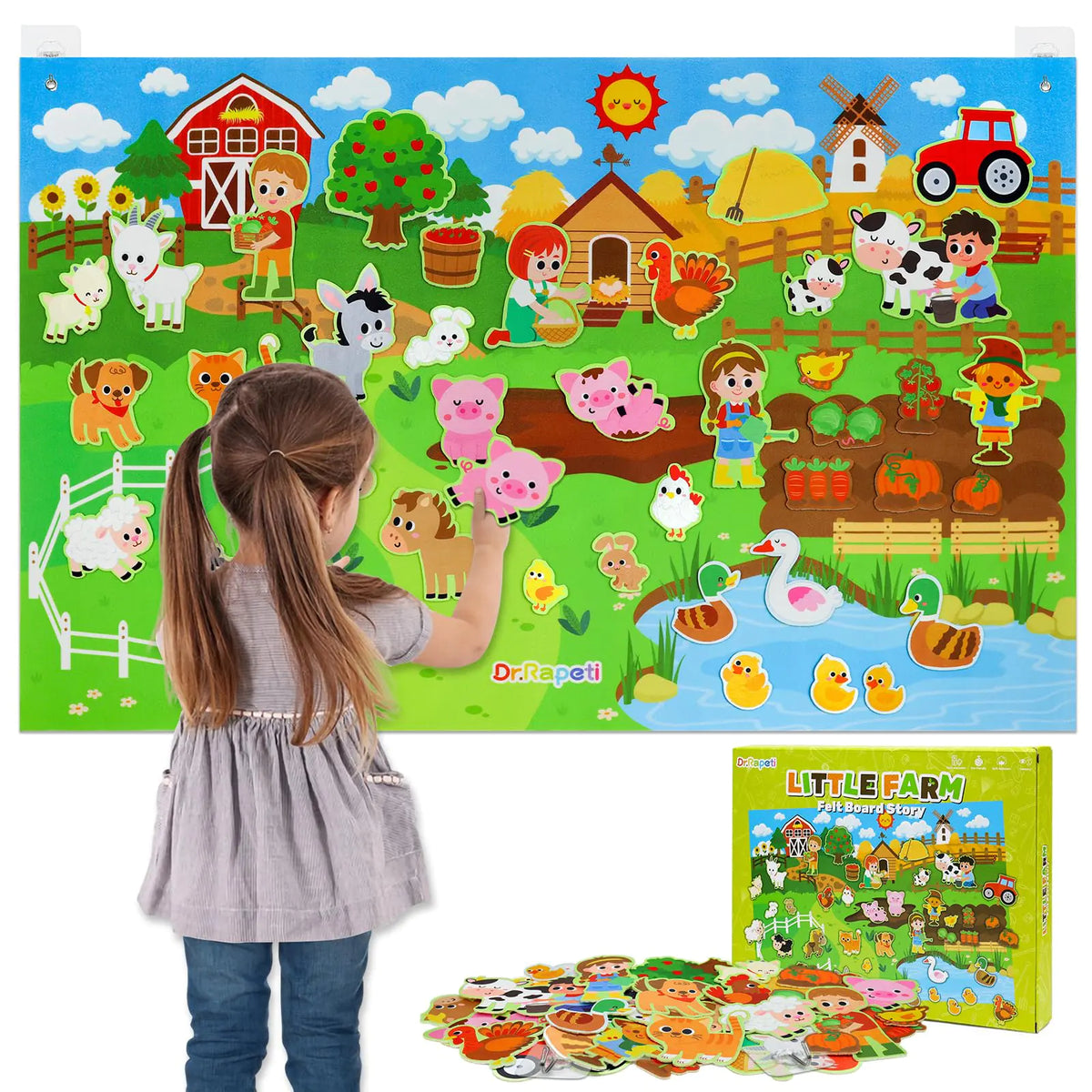 Dr.Rapeti 43x28 Zoll Filz-Storyboard-Set 41Pcs Filz Tiere Spielzeug Farm Animals Filz Story Board Set Story Board Kit für Kinder Bauernhof Tiere Filz Geschichte Board Set Mimarta