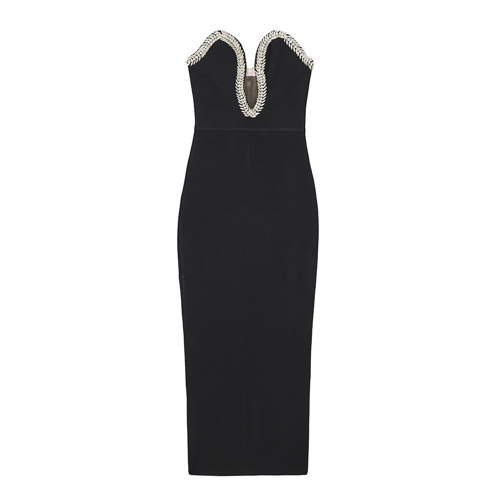 Elegant Summer Sexy V-Neck Bodycon Dress with Rhinestones Mimarta