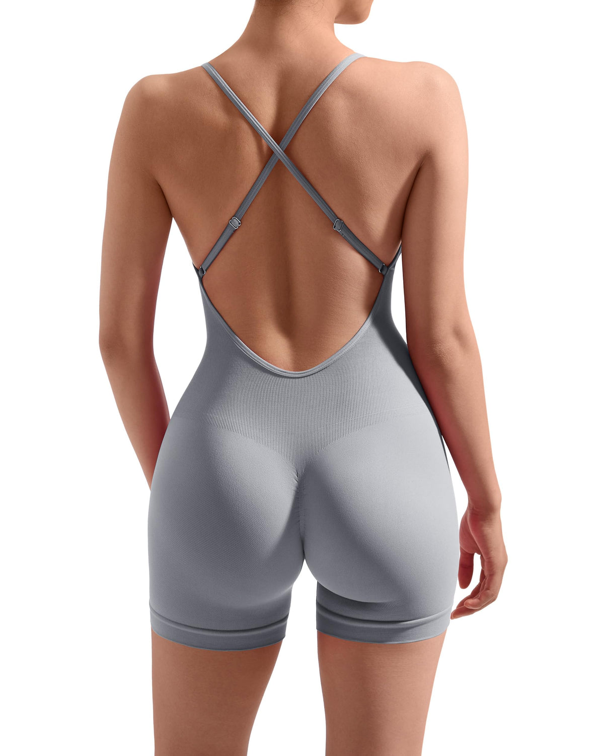 MOOSLOVER Women Strappy Backless Jumpsuits Tummy Control Bodycon Yoga Romper One Piece Workout Jumpsuit Shorts(XL#1 Grey) Mimarta