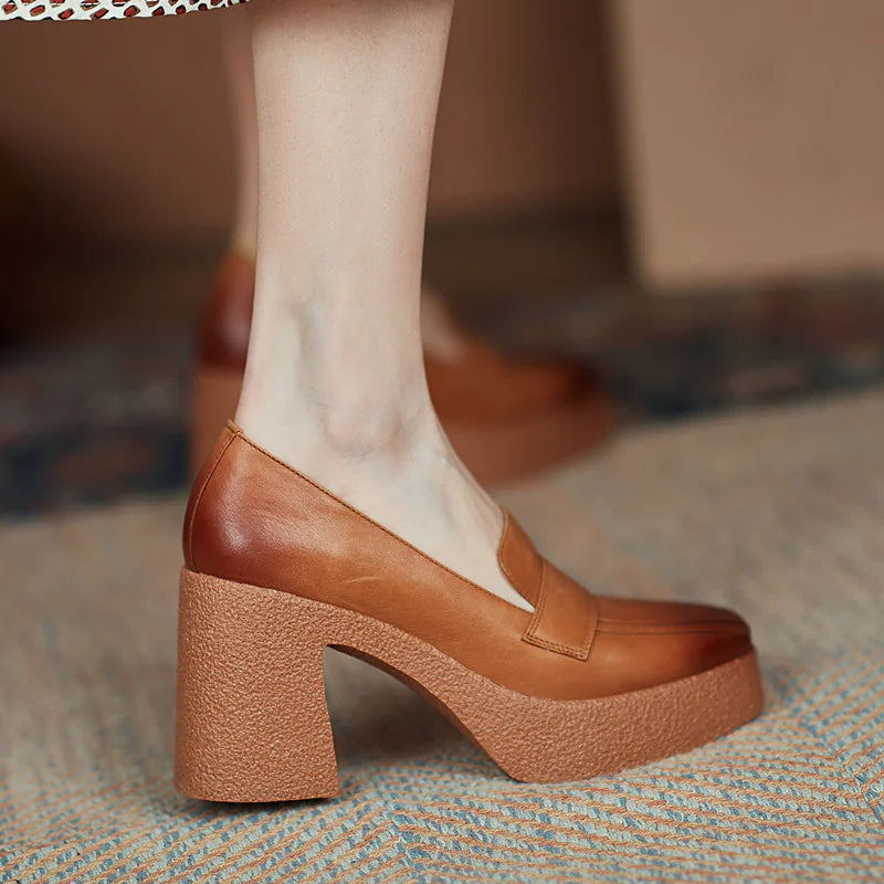 Women's Leather Retro Thick Sole Square Toe Shoes Rieworkes