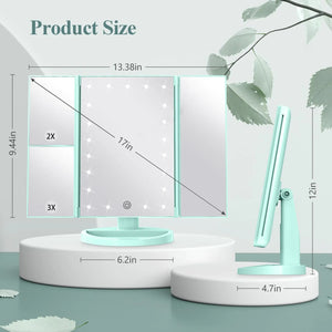 HUONUL Makeup Mirror Vanity with Lights, 2X 3X 10X Magnification, Lighted Mirror, Touch Control, Trifold Dual Power Supply, Portable LED Women Gift (Green) Green Rieworkes