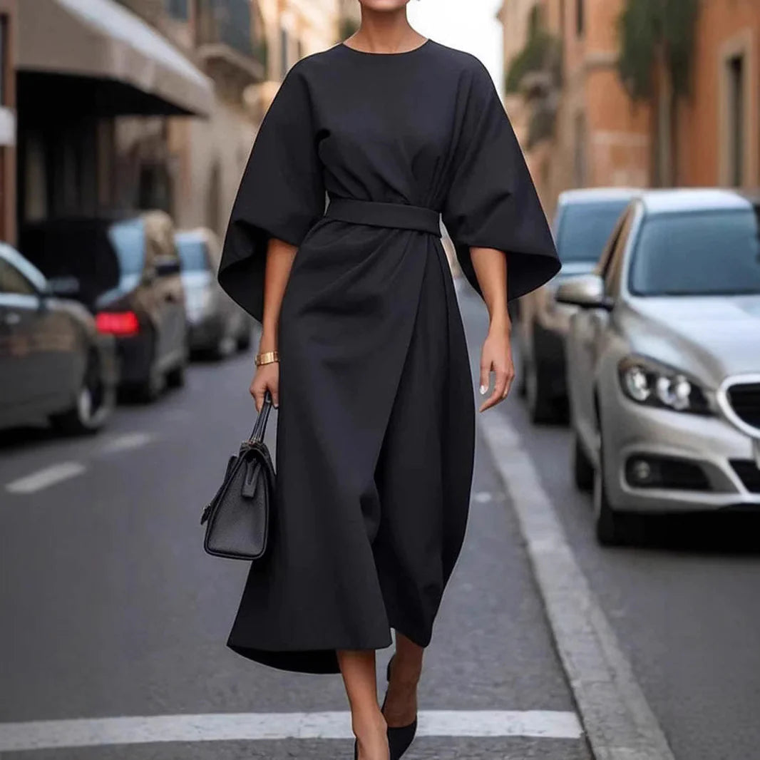 Loose Batwing Sleeve Dress Fashion Waist-tighted Solid Color Elegant Dresses For Women Clothing Mimarta