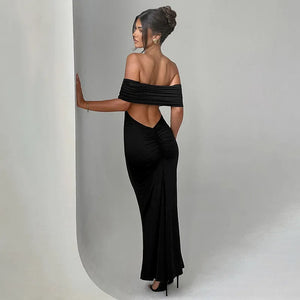 Socialite Style Elegant Sexy Backless Off-shoulder Dress Women Rieworkes