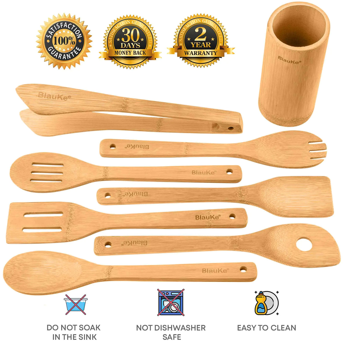 Bamboo Kitchen Utensils Set 8-Pack - Wooden Cooking Utensils for Nonstick Cookware - Wooden Cooking Spoons, Spatulas, Turner, Tongs, Utensil Holder Rieworkes