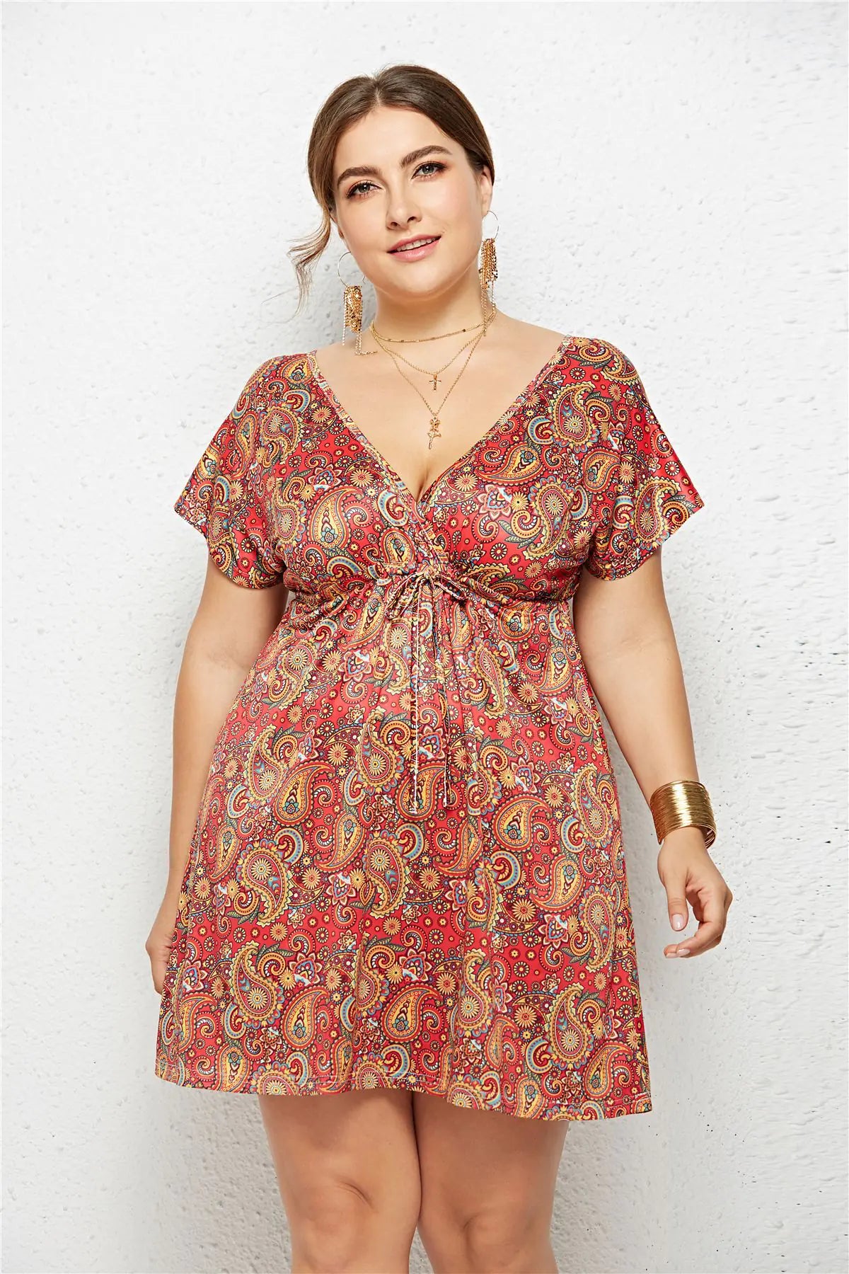 Printed Deep V-Neck Dress with Elastic Waist Mimarta