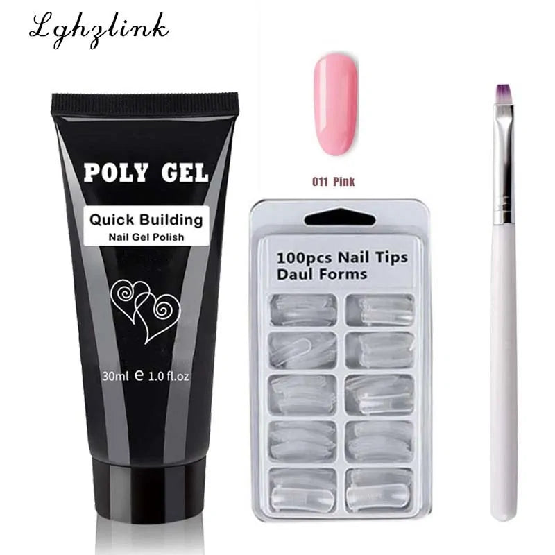 French Nail Art Poly Gel Kit with UV Brush and Nail Tips Rieworkes