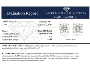 AGS Certified 14K Yellow Gold 1/2 cttw 4-Prong Set Brilliant Round-Cut Solitaire Diamond Push Back Stud Earrings (S-T Color, I1-I2 Clarity) Rieworkes
