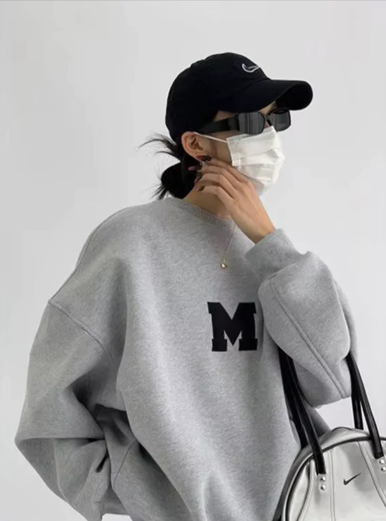 MEXZT Streetwear Y2K Oversized Fleece Sweatshirt with Letter Print – Harajuku & Korean Inspired Casual Hoodie for Women Rieworkes